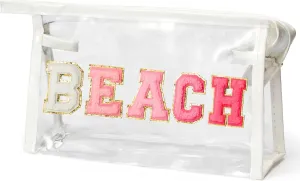 Preppy Patch Cosmetic Bag - Summer Gifts BEACH Chenille Varsity Letter Clear Toiletry Kit Aesthetic Waterproof Portable Makeup Bag Clutch Purse Travel Toiletry Pouch for Women Girls