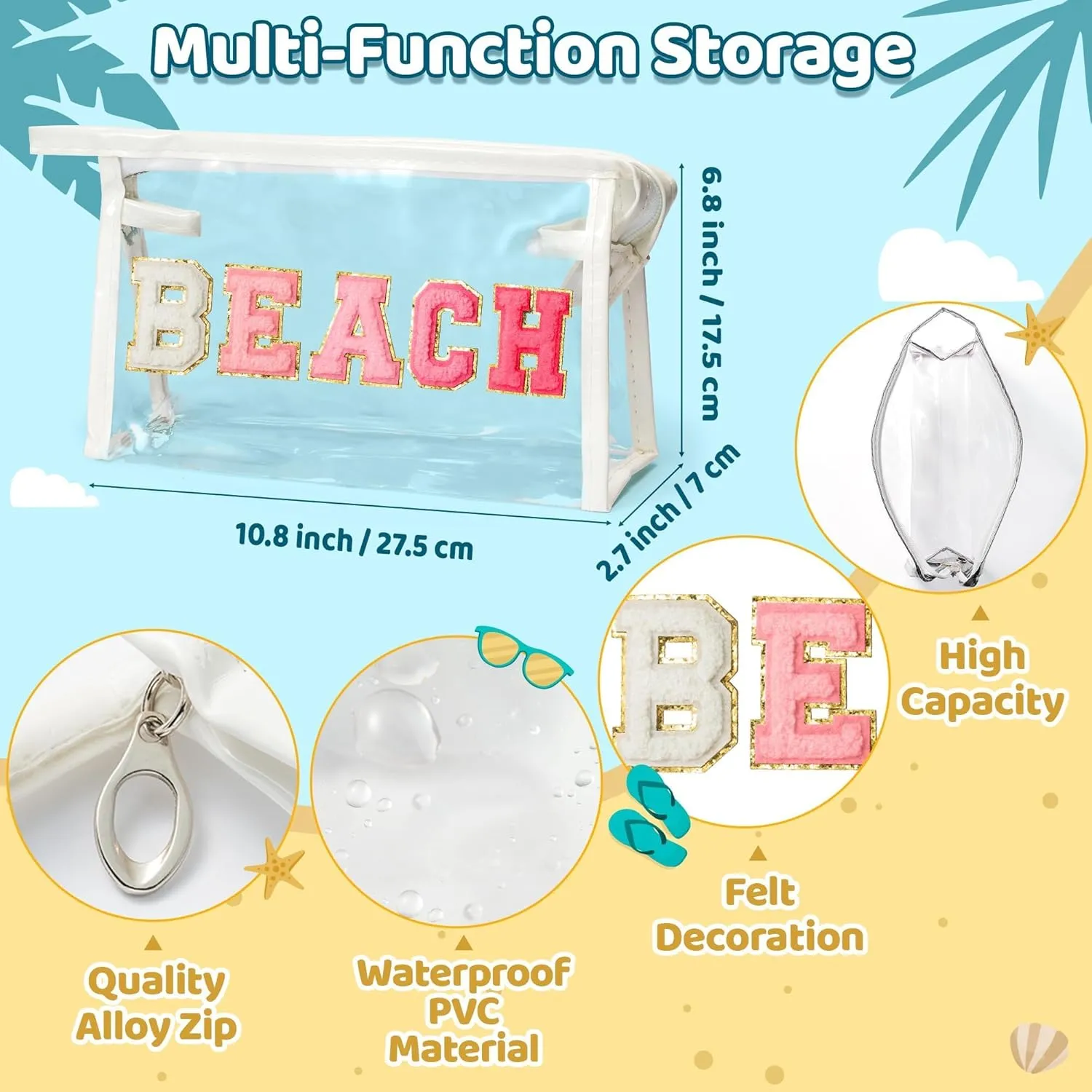 Preppy Patch Cosmetic Bag - Summer Gifts BEACH Chenille Varsity Letter Clear Toiletry Kit Aesthetic Waterproof Portable Makeup Bag Clutch Purse Travel Toiletry Pouch for Women Girls