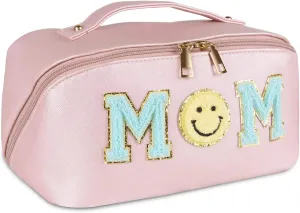 Preppy Patch Large Capacity Travel Makeup Bag For Mother,Mom Mama Open Flat PU Leather Waterproof Toiletry Cosmetic Bag,Mother's Day Christmas Day Gift for Women Girls (MOM Extra Large Beige)