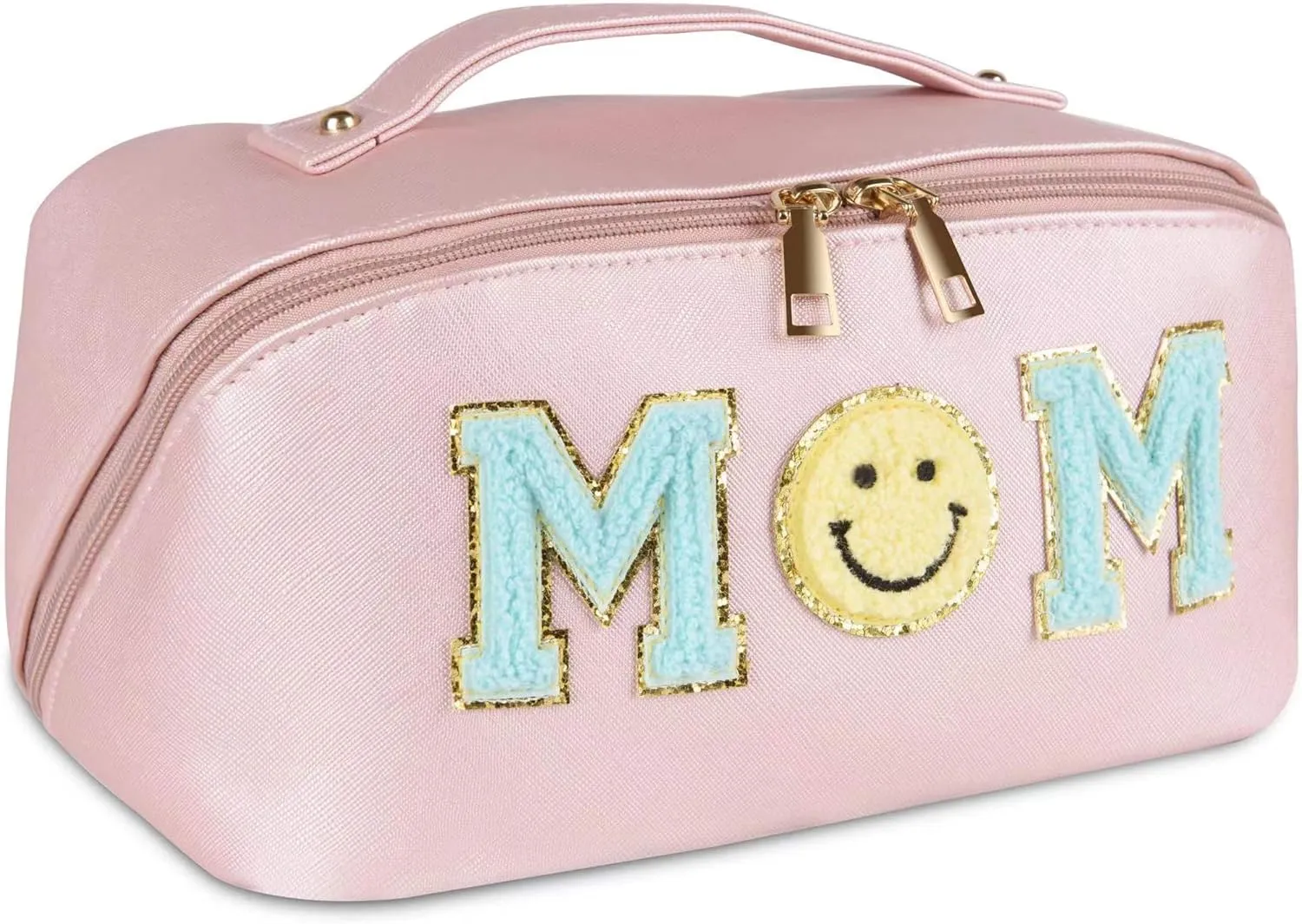 Preppy Patch Large Capacity Travel Makeup Bag For Mother,Mom Mama Open Flat PU Leather Waterproof Toiletry Cosmetic Bag,Mother's Day Christmas Day Gift for Women Girls (MOM Extra Large Beige)