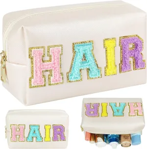 Preppy Patch Makeup Bag, Chenille HAIR Letter Cosmetic Bag,PU Leather Skincare Toiletry Bag, Portable Makeup Bag with Varsity Letter Patches, Travel Organizer Bag for Women Girls (White)