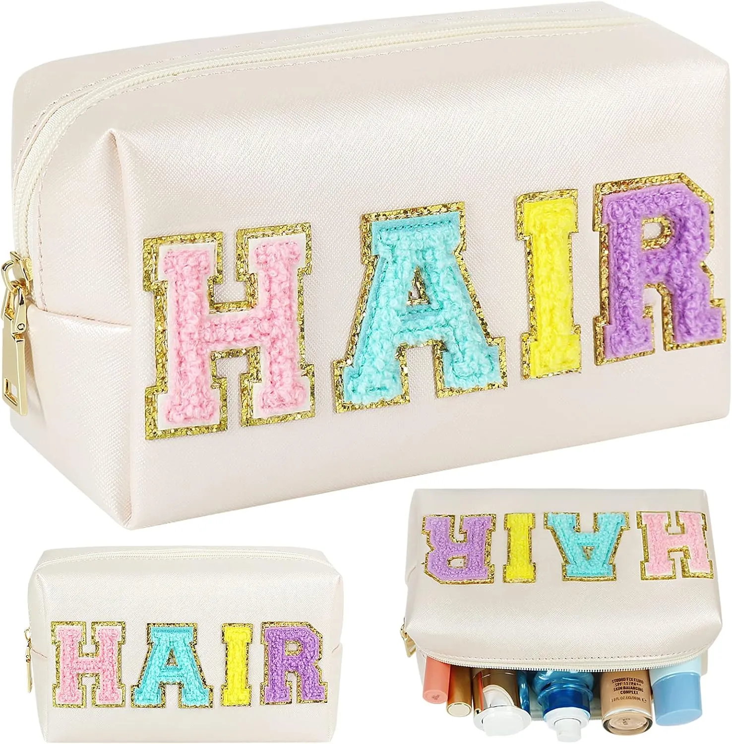 Preppy Patch Makeup Bag, Chenille HAIR Letter Cosmetic Bag,PU Leather Skincare Toiletry Bag, Portable Makeup Bag with Varsity Letter Patches, Travel Organizer Bag for Women Girls (White)