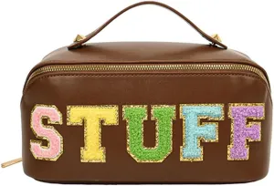 Preppy Patch Makeup Bag, Large Capacity Travel Cosmetic Bag Portable Cosmetic Pouch for Purse Travel Toiletry Zipper Organizer Waterproof Nylon Women Travel Makeup Bag With Handle (Leather Brown)