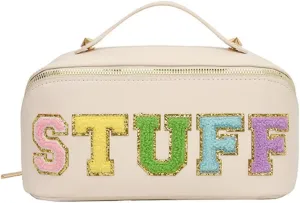 Preppy Patch Makeup Bag, Large Capacity Travel Cosmetic Bag Portable Cosmetic Pouch for Purse Travel Toiletry Zipper Organizer Waterproof Nylon Women Travel Makeup Bag With Handle (Leather White)