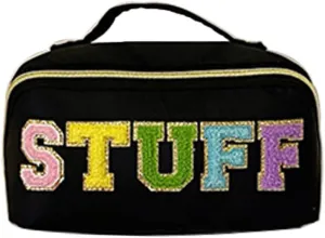 Preppy Patch Makeup Bag, Large Capacity Travel Cosmetic Bag Portable Cosmetic Pouch for Purse Travel Toiletry Zipper Organizer Waterproof Nylon Women Travel Makeup Bag With Handle (Nylon Black)
