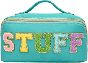 Preppy Patch Makeup Bag, Large Capacity Travel Cosmetic Bag Portable Cosmetic Pouch for Purse Travel Toiletry Zipper Organizer Waterproof Nylon Women Travel Makeup Bag With Handle (Nylon Green)