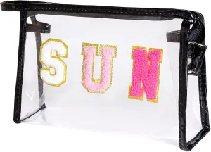 Preppy Patch Makeup Bag, Sun Chenille Letter Bag for Beach, Pouch with Zipper, Travel Bags Clear Cosmetic Toiletry Bag for Women Girls Teens (Black)