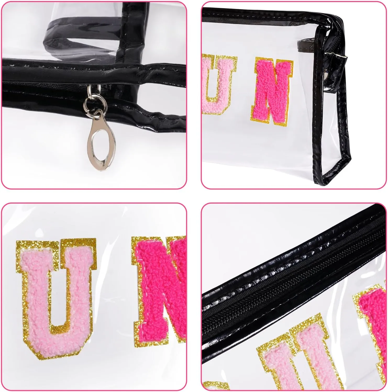 Preppy Patch Makeup Bag, Sun Chenille Letter Bag for Beach, Pouch with Zipper, Travel Bags Clear Cosmetic Toiletry Bag for Women Girls Teens (Black)
