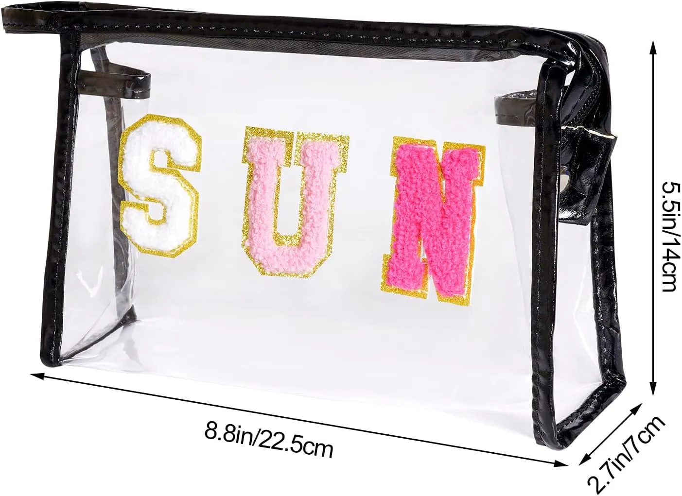 Preppy Patch Makeup Bag, Sun Chenille Letter Bag for Beach, Pouch with Zipper, Travel Bags Clear Cosmetic Toiletry Bag for Women Girls Teens (Black)