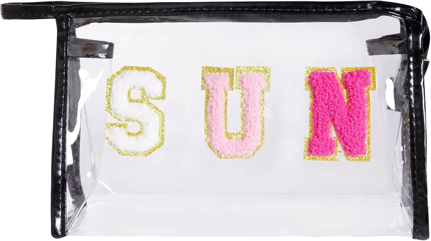 Preppy Patch Makeup Bag, Sun Chenille Letter Bag for Beach, Pouch with Zipper, Travel Bags Clear Cosmetic Toiletry Bag for Women Girls Teens (Black)