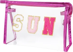 Preppy Patch Makeup Bag, Sun Chenille Letter Bag for Beach, Pouch with Zipper, Travel Bags Clear Cosmetic Toiletry Bag for Women Girls Teens (Rose Red)