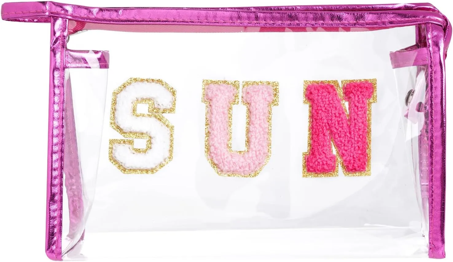 Preppy Patch Makeup Bag, Sun Chenille Letter Bag for Beach, Pouch with Zipper, Travel Bags Clear Cosmetic Toiletry Bag for Women Girls Teens (Rose Red)