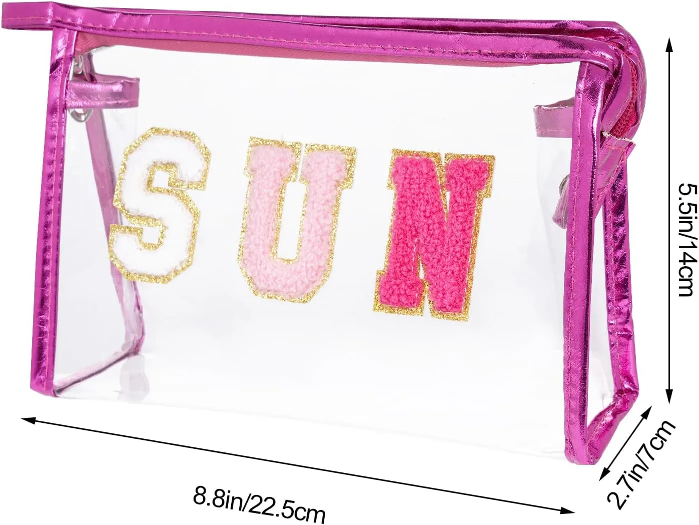 Preppy Patch Makeup Bag, Sun Chenille Letter Bag for Beach, Pouch with Zipper, Travel Bags Clear Cosmetic Toiletry Bag for Women Girls Teens (Rose Red)