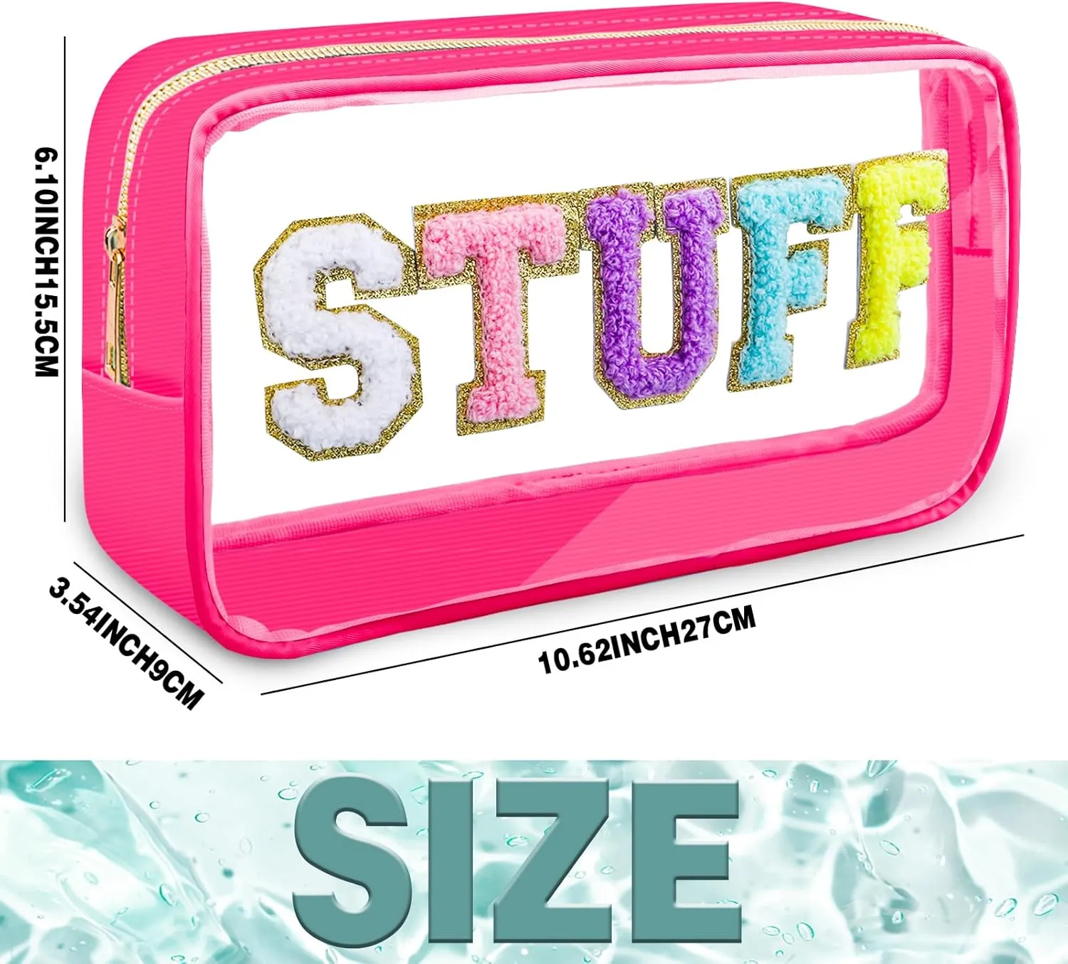 Preppy Patch STUFF Makeup Bag Chenille Letter Cosmetic Bag for Women, Transparent PVC Zipper Patch Bags Organizer Waterproof Portable Travel Makeup Bag for Women Girls Teens (Pink)