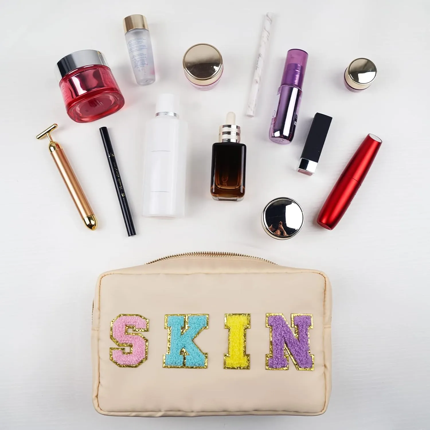 Preppy Skin Bag, Chenille Varsity Letter Makeup Pouch, Nylon Skin Care Zipper Patch Bags Organizer for Women, Travel Make Up Skincare Cosmetic Stocking Stuffers