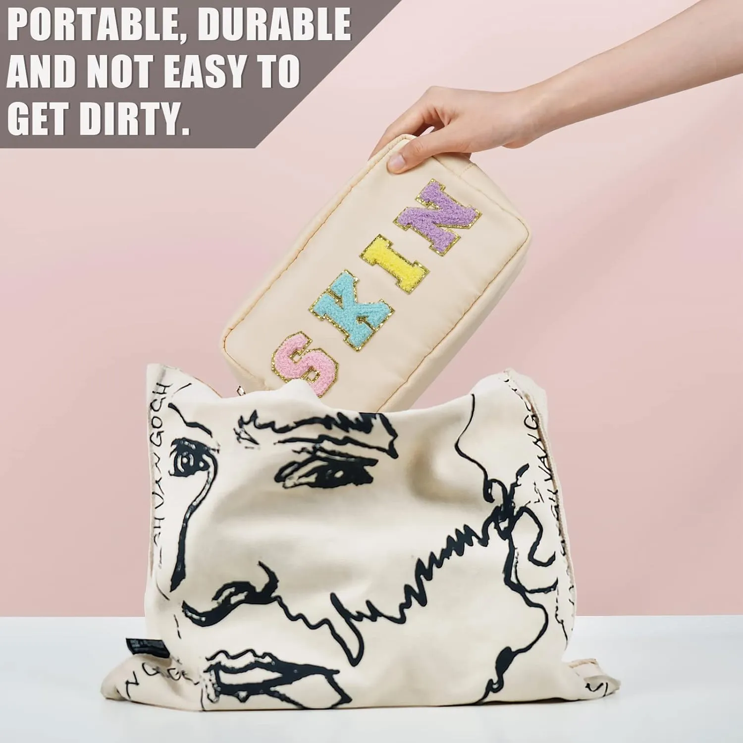 Preppy Skin Bag, Chenille Varsity Letter Makeup Pouch, Nylon Skin Care Zipper Patch Bags Organizer for Women, Travel Make Up Skincare Cosmetic Stocking Stuffers