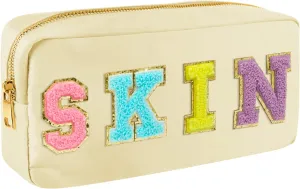 Preppy Skin Bag, Chenille Varsity Letter Makeup Pouch, Nylon Skin Care Zipper Patch Bags Organizer for Women, Travel Make Up Skincare Cosmetic Stocking Stuffers