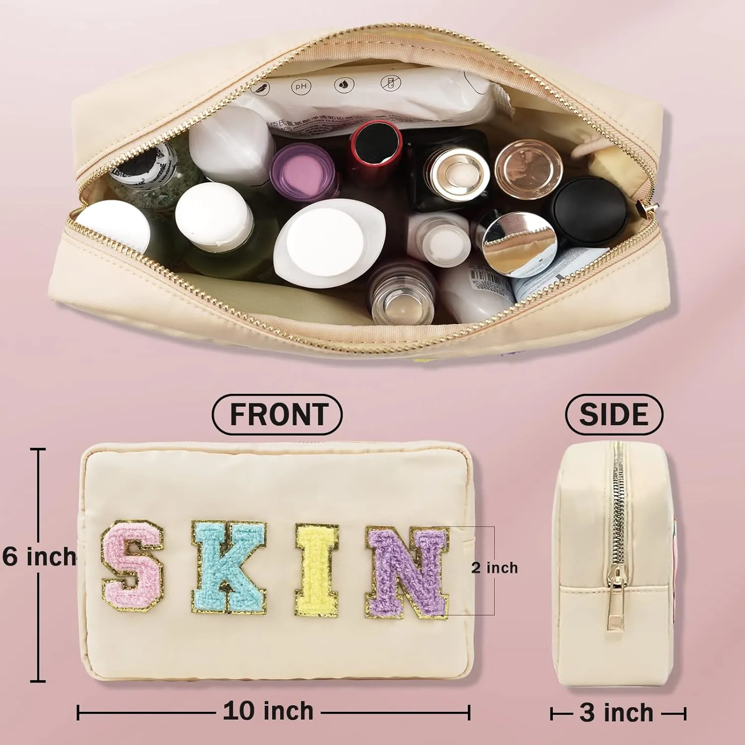 Preppy Skin Bag, Chenille Varsity Letter Makeup Pouch, Nylon Skin Care Zipper Patch Bags Organizer for Women, Travel Make Up Skincare Cosmetic Stocking Stuffers