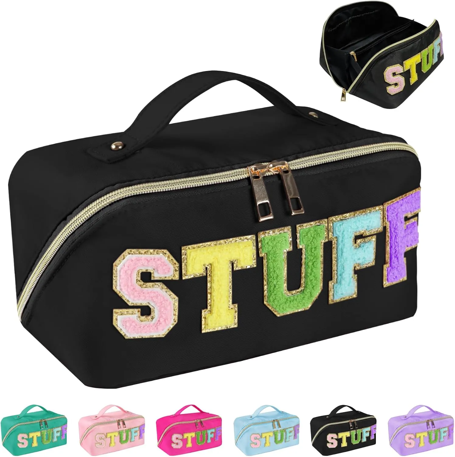 Preppy Stuff Makeup Bag, Stoney Clover Travel Toiletry Bag Pouch Chenille Letter Make Up Bags Girls Cute Cosmetic Bag Wedding Birthday Mothers Day Gifts for Women Stuff Bag (Black)