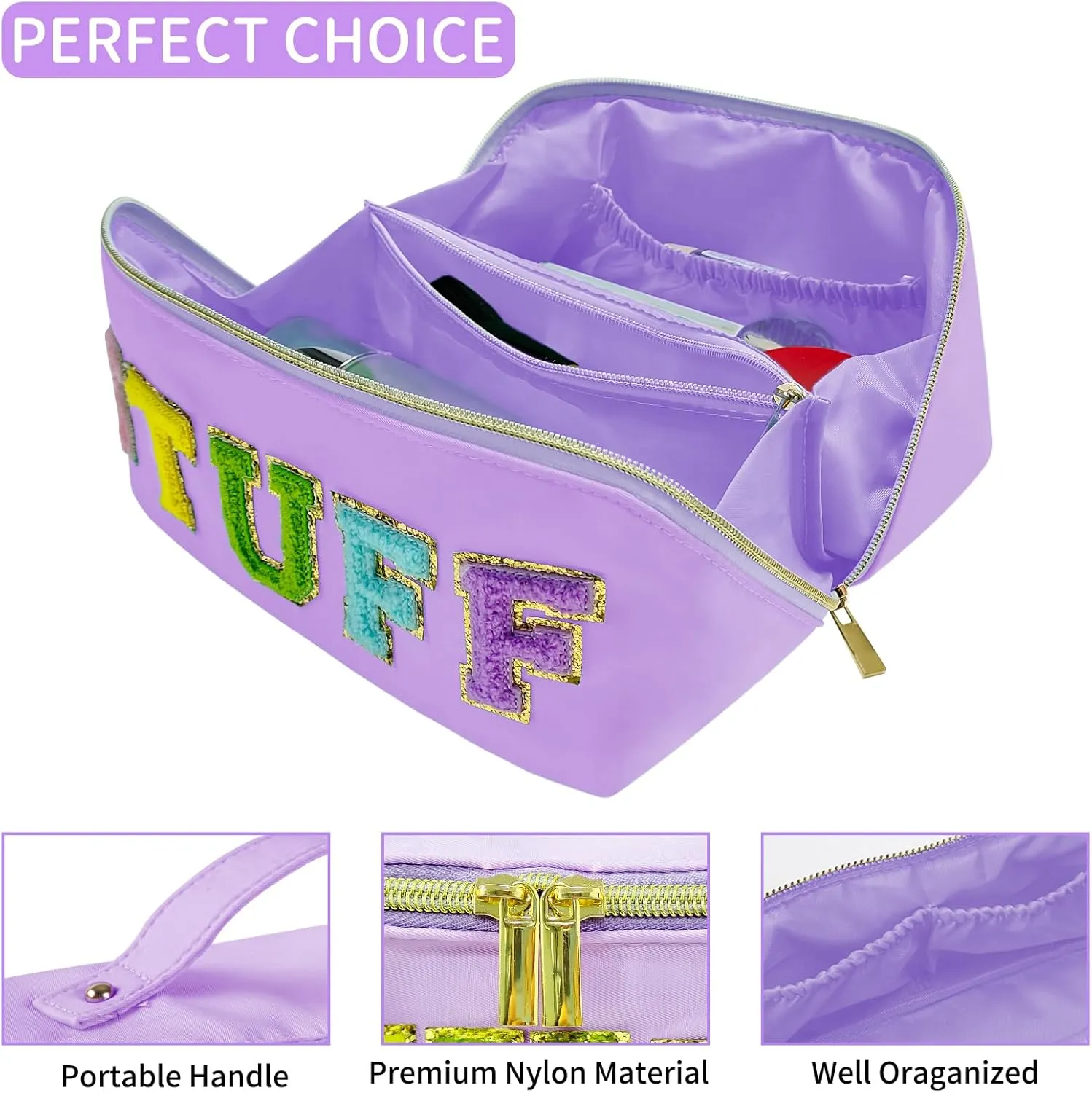 Preppy Stuff Makeup Bag, Stoney Clover Travel Toiletry Bag Pouch Chenille Letter Make Up Bags Girls Cute Cosmetic Bag Wedding Birthday Mothers Day Gifts for Women Stuff Bag (Purple)