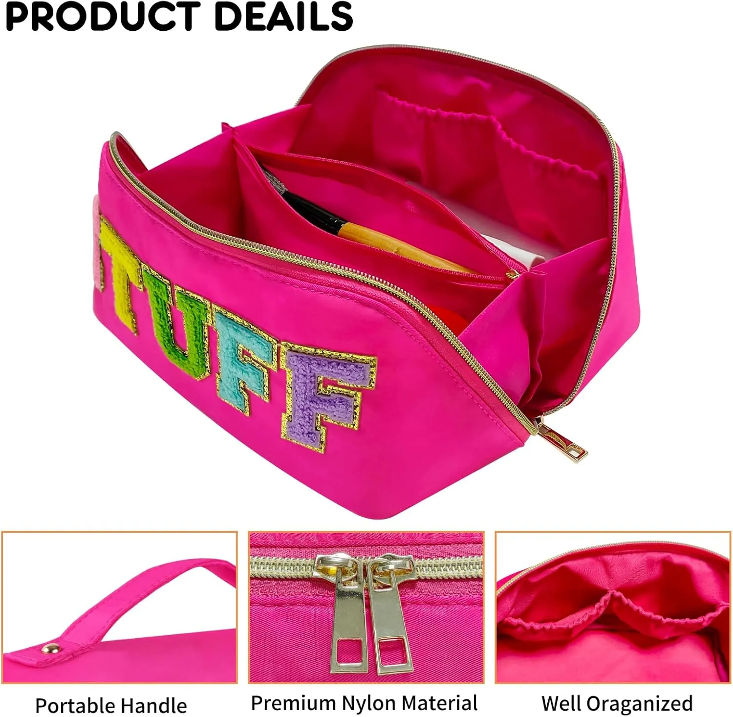 Preppy Stuff Makeup Bag, Stoney Clover Travel Toiletry Bag Pouch Chenille Letter Make Up Bags Girls Cute Cosmetic Bag Wedding Birthday Mothers Day Gifts for Women Stuff Bag (Rose Red)