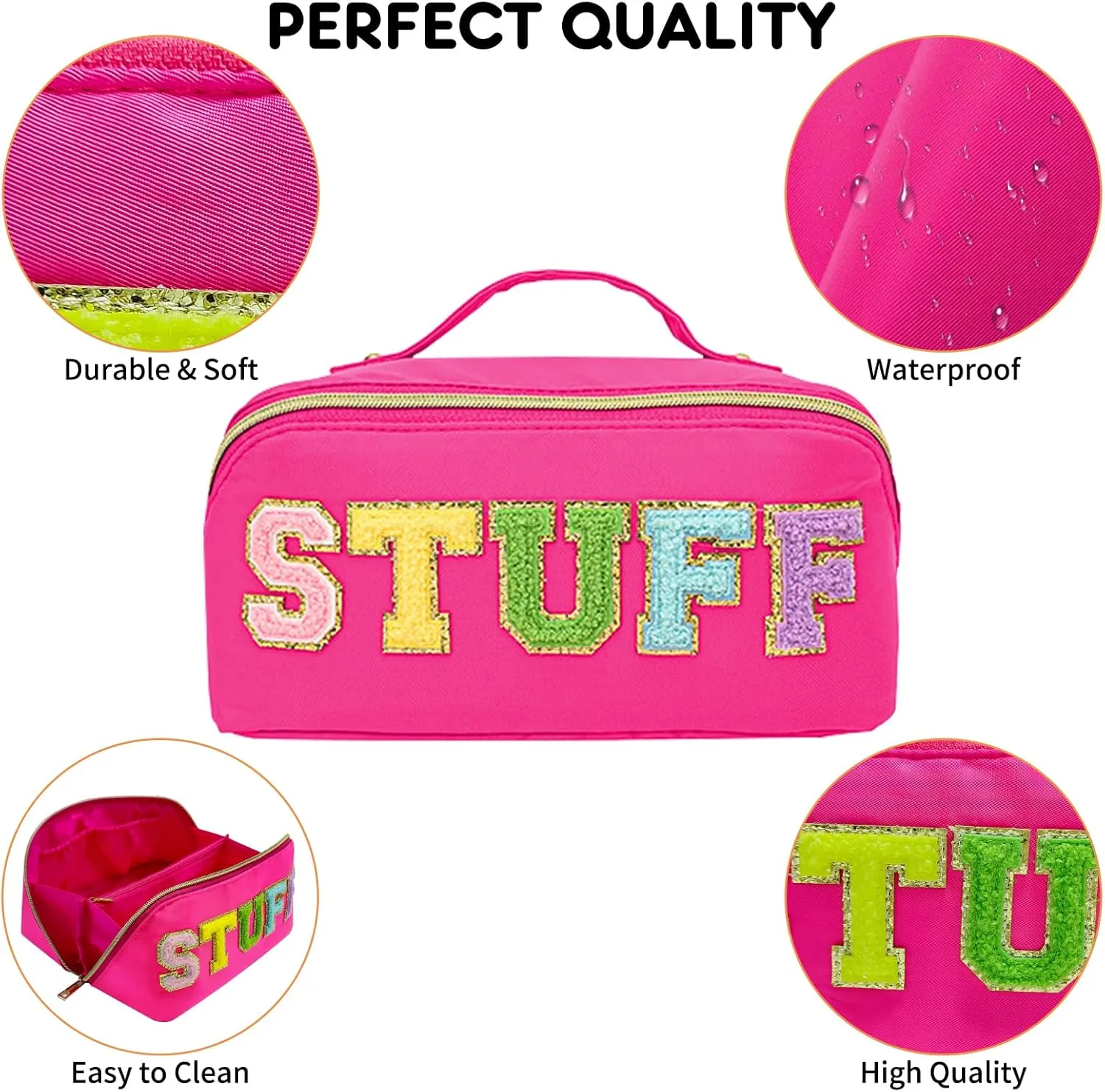 Preppy Stuff Makeup Bag, Stoney Clover Travel Toiletry Bag Pouch Chenille Letter Make Up Bags Girls Cute Cosmetic Bag Wedding Birthday Mothers Day Gifts for Women Stuff Bag (Rose Red)