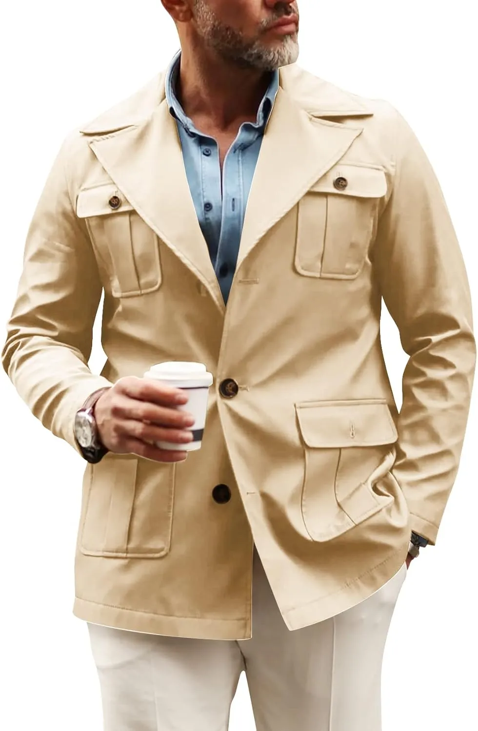 Pretifeel Mens Lightweight Safari Jacket Casual Military Button Up Multi-Pocket Cargo Coat Outwear