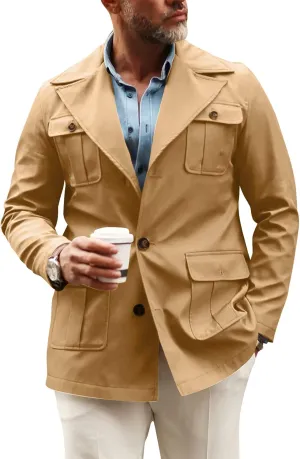 Pretifeel Mens Lightweight Safari Jacket Casual Military Button Up Multi-Pocket Cargo Coat Outwear