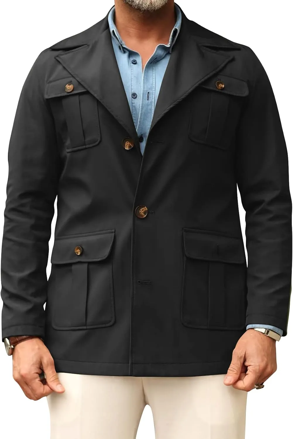 Pretifeel Mens Lightweight Safari Jacket Casual Military Button Up Multi-Pocket Cargo Coat Outwear