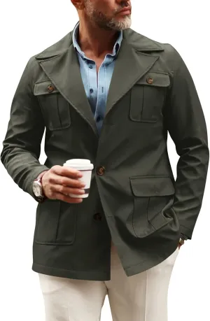 Pretifeel Mens Lightweight Safari Jacket Casual Military Button Up Multi-Pocket Cargo Coat Outwear
