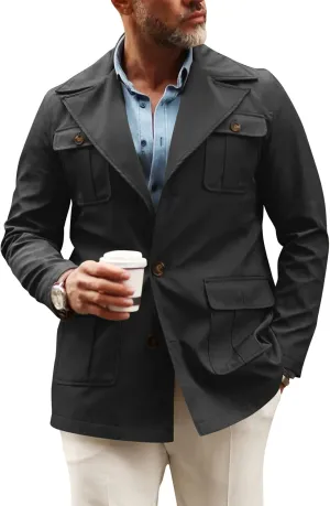 Pretifeel Mens Lightweight Safari Jacket Casual Military Button Up Multi-Pocket Cargo Coat Outwear
