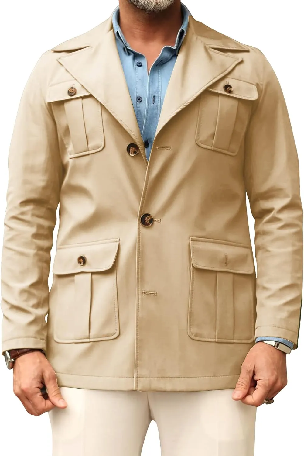 Pretifeel Mens Lightweight Safari Jacket Casual Military Button Up Multi-Pocket Cargo Coat Outwear