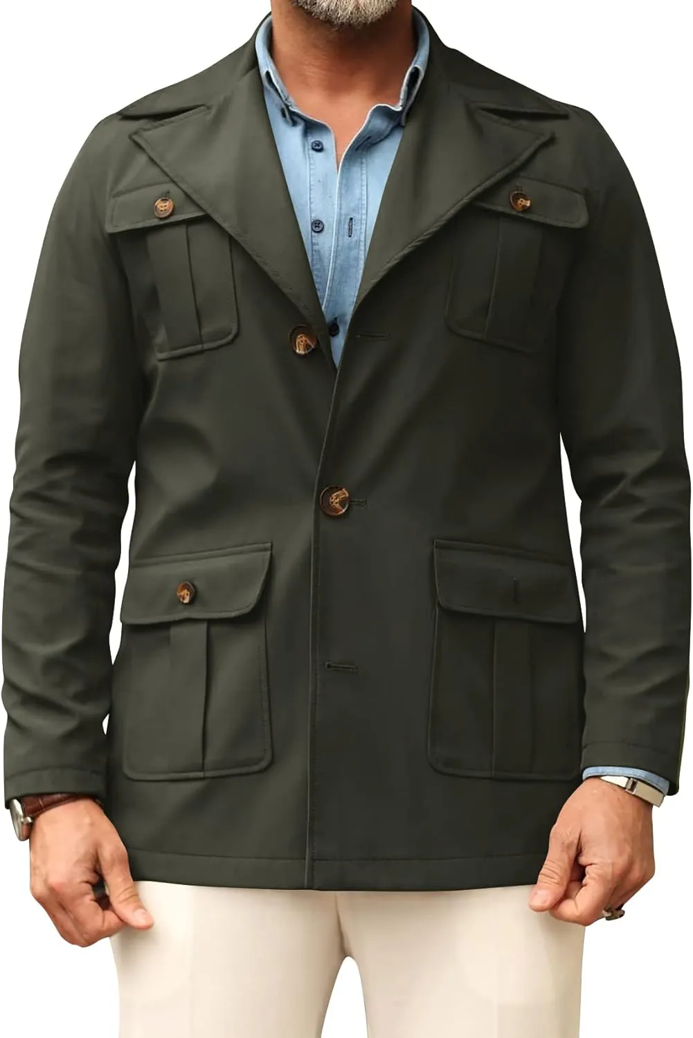 Pretifeel Mens Lightweight Safari Jacket Casual Military Button Up Multi-Pocket Cargo Coat Outwear