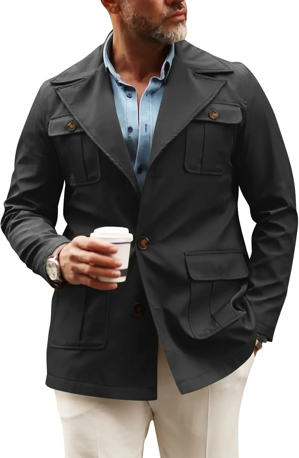 Pretifeel Mens Lightweight Safari Jacket Casual Military Button Up Multi-Pocket Cargo Coat Outwear