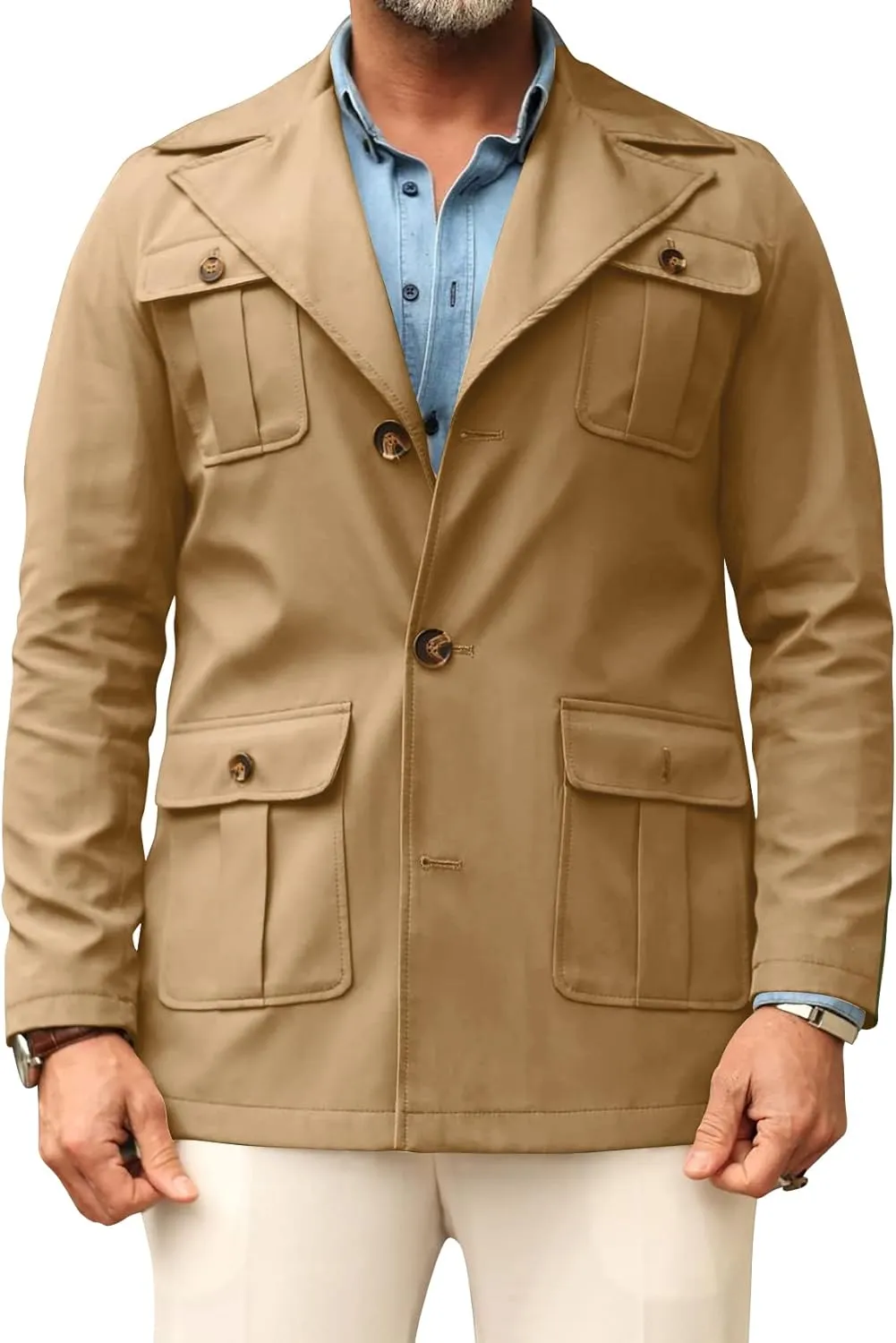 Pretifeel Mens Lightweight Safari Jacket Casual Military Button Up Multi-Pocket Cargo Coat Outwear