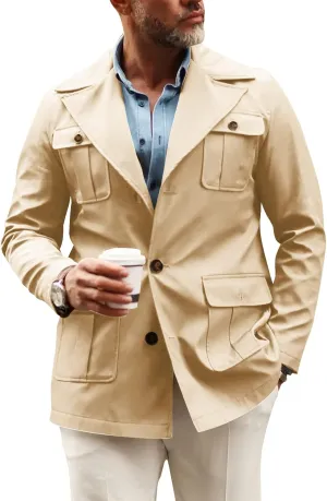Pretifeel Mens Lightweight Safari Jacket Casual Military Button Up Multi-Pocket Cargo Coat Outwear