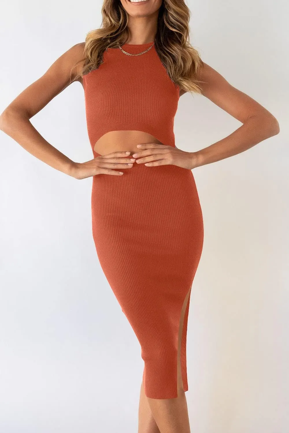 PRETTYGARDEN Women's Summer Midi Bodycon Dresses Casual Crew Neck Side Slit Sleeveless Knit Cut Out Tank Top Dress