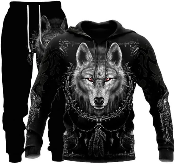 prigridche Wolf & Lion 3D Printed Hoodie Pants Suit Male Autumn Winter Casual Sweashirt Pullover Tracksuit Set