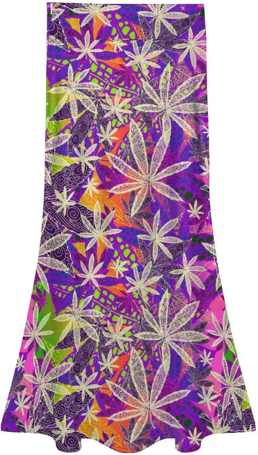 Psychedelic Marijuana Leaf Women's Fashion Printed High Waist Flared Long Skirt