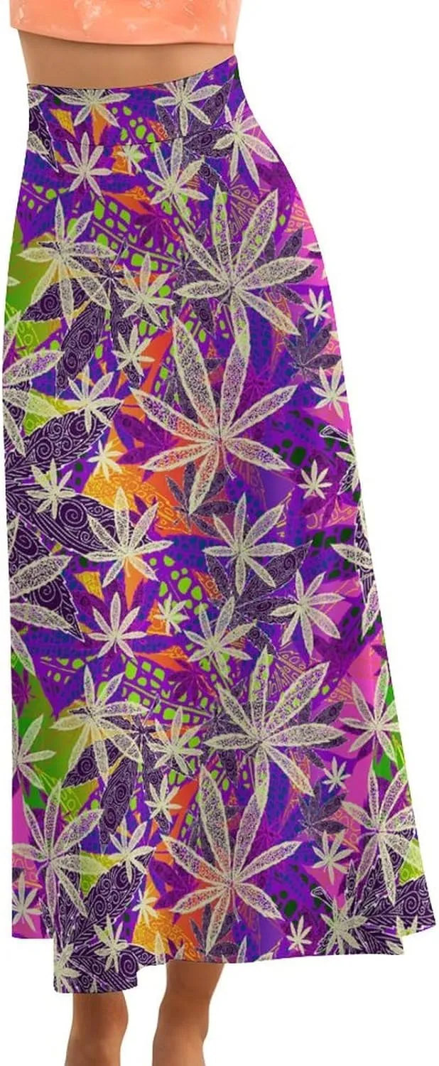 Psychedelic Marijuana Leaf Women's Fashion Printed High Waist Flared Long Skirt