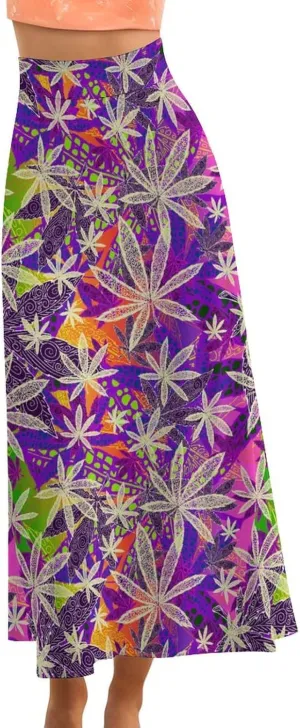 Psychedelic Marijuana Leaf Women's Fashion Printed High Waist Flared Long Skirt