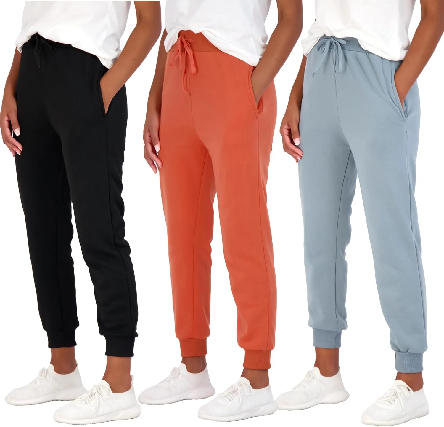 Real Essentials 3 Pack: Women's Ultra-Soft & Warm Fleece Joggers Sweatpants with Pocket (Available in Plus Size)