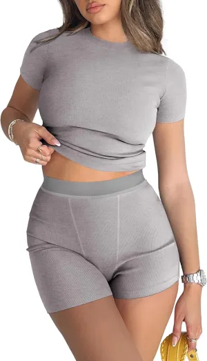 REORIA Womens 2 Piece Workout Sets Short Matching Casual Summer Outfits Slim Fitted Going Out Gym Yoga Athletic Tracksuits