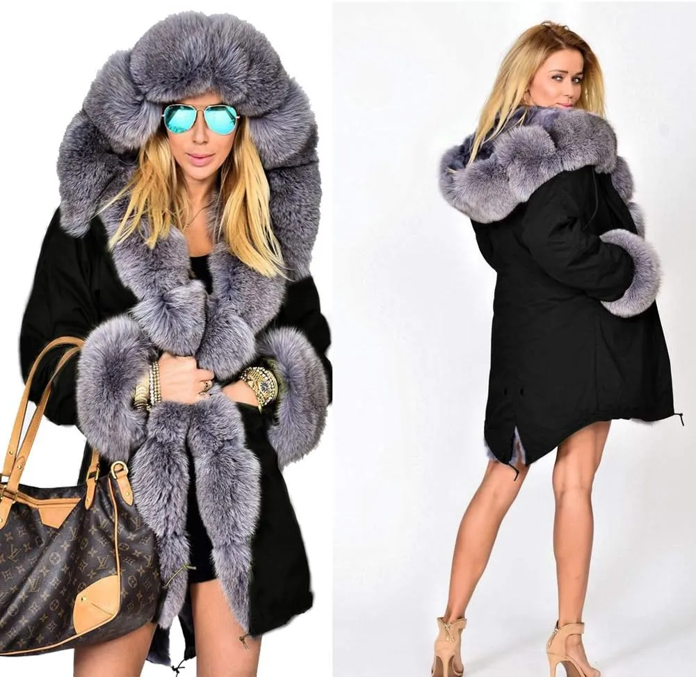 Roiii Women's Warm Winter Coat Hood Parka Overcoat Faux Fur Parka Jacket Outwear