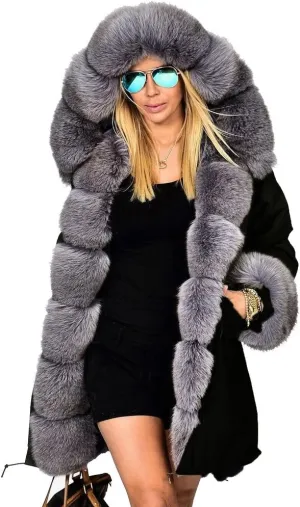 Roiii Women's Warm Winter Coat Hood Parka Overcoat Faux Fur Parka Jacket Outwear