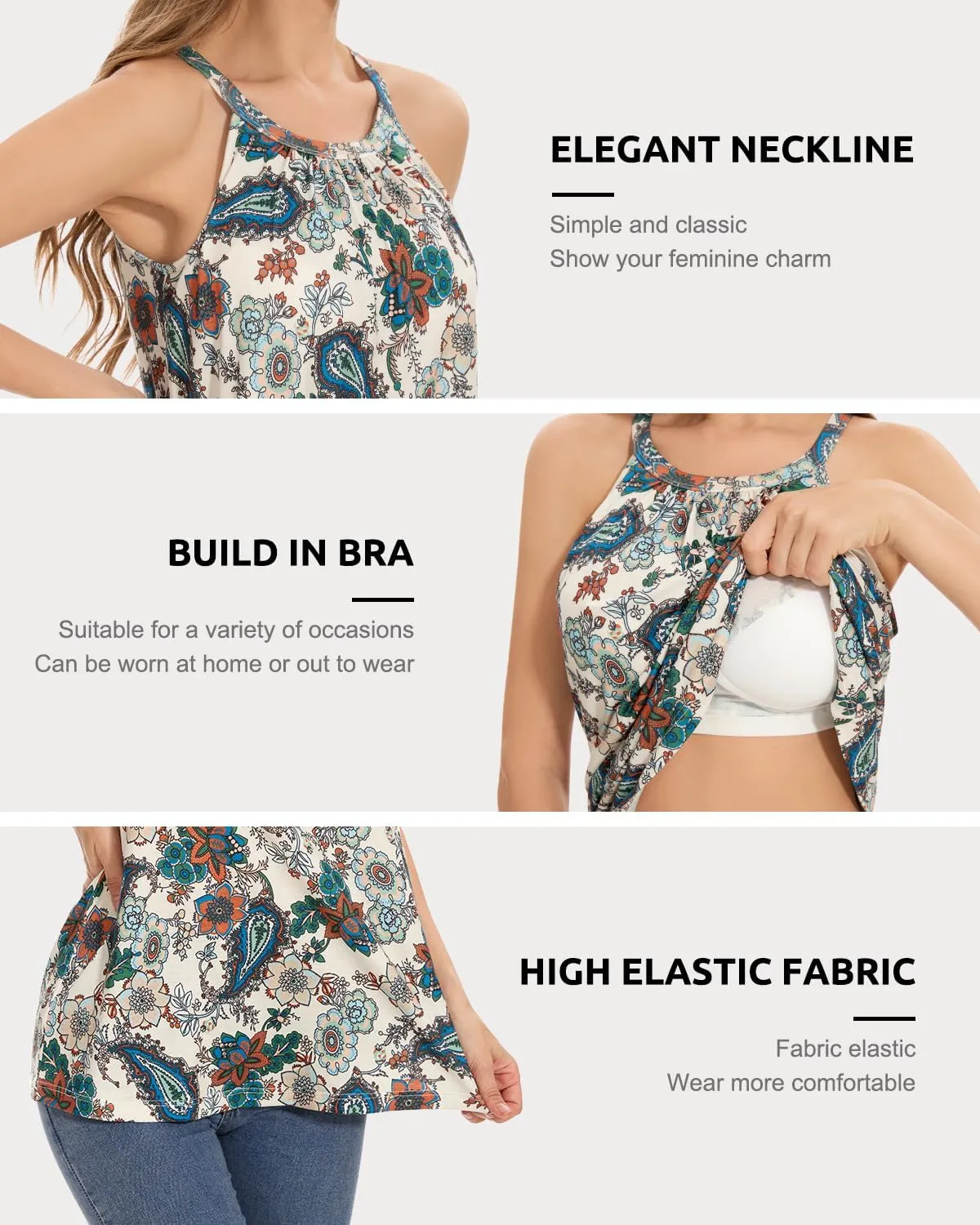 Rosyline Women Camisole with Built in Bra Summer Halter Tank Top Casual Loose Fit Shirts