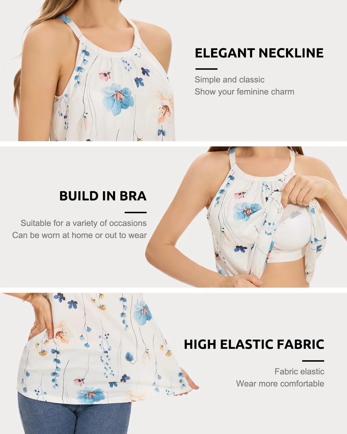 Rosyline Women Camisole with Built in Bra Summer Halter Tank Top Casual Loose Fit Shirts