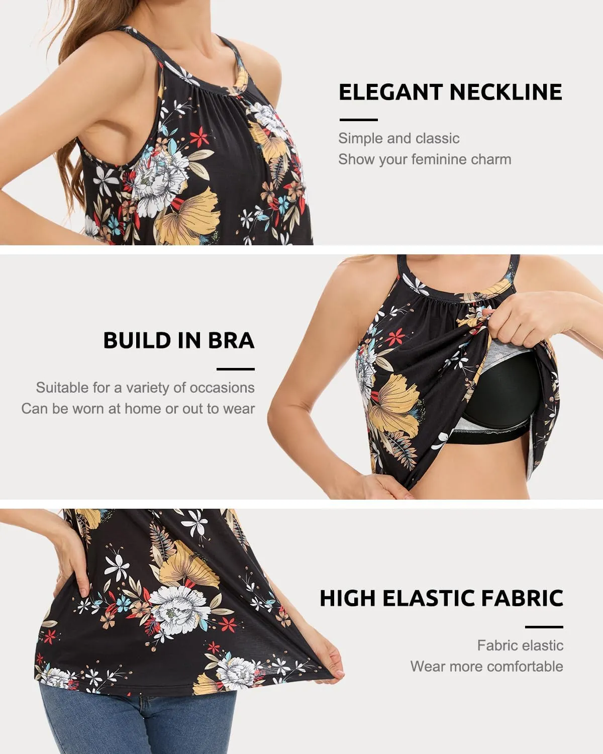 Rosyline Women Camisole with Built in Bra Summer Halter Tank Top Casual Loose Fit Shirts