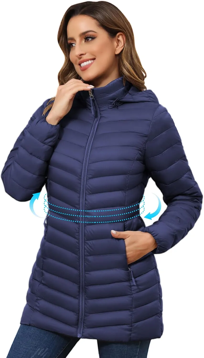 ROYAL MATRIX Women's Packable Puffer Jacket - Lightweight Winter Warm Long Quilted Puffer Coat with Detachable Hood