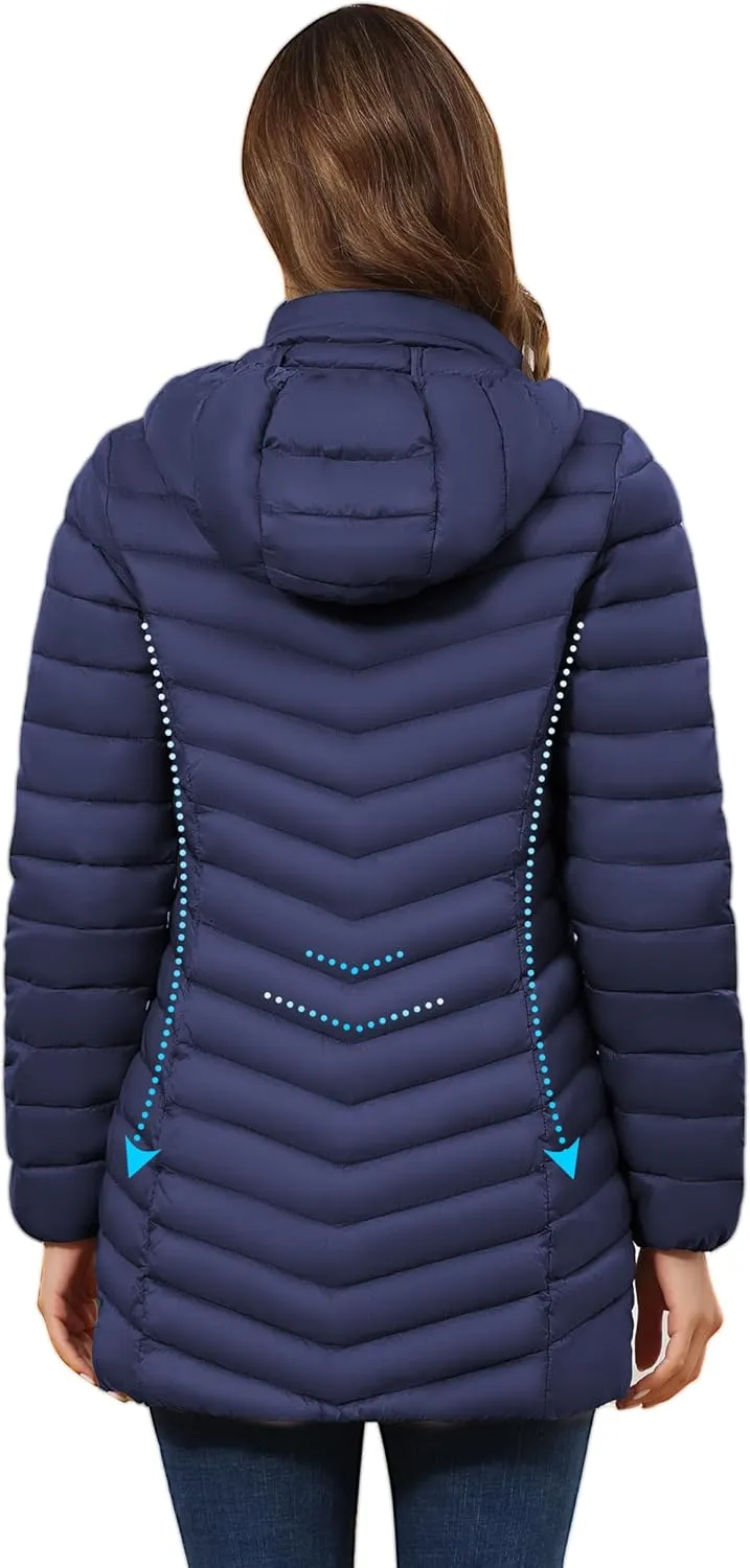 ROYAL MATRIX Women's Packable Puffer Jacket - Lightweight Winter Warm Long Quilted Puffer Coat with Detachable Hood